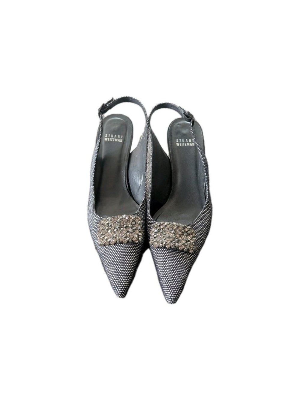 Stuart Weitzman Woven Slingback Heels Womens 7 Crystal Buckle Navy Quiet Luxury